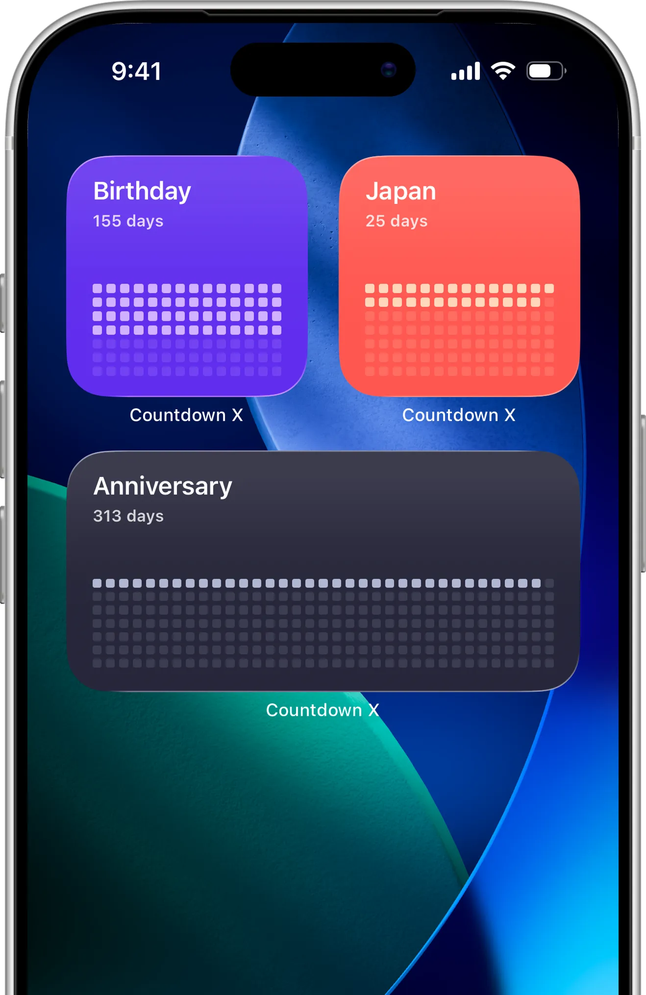Countdown app iOS Home Screen widgets showing upcoming events and timers at a glance.