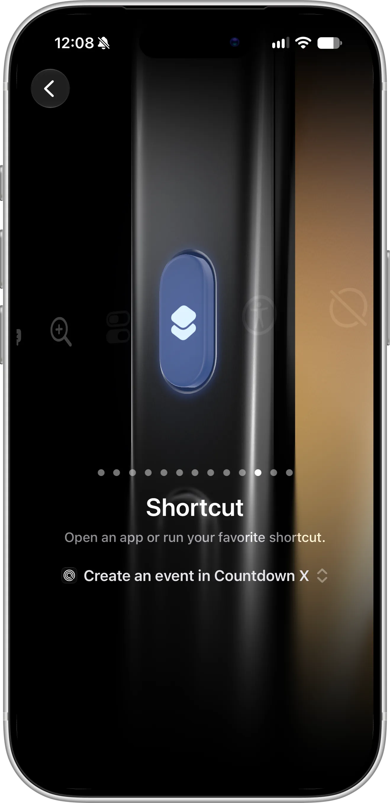 Countdown X shortcut “Create an event in Countdown X” selected for the Action button in iPhone Settings, under the Shortcut option