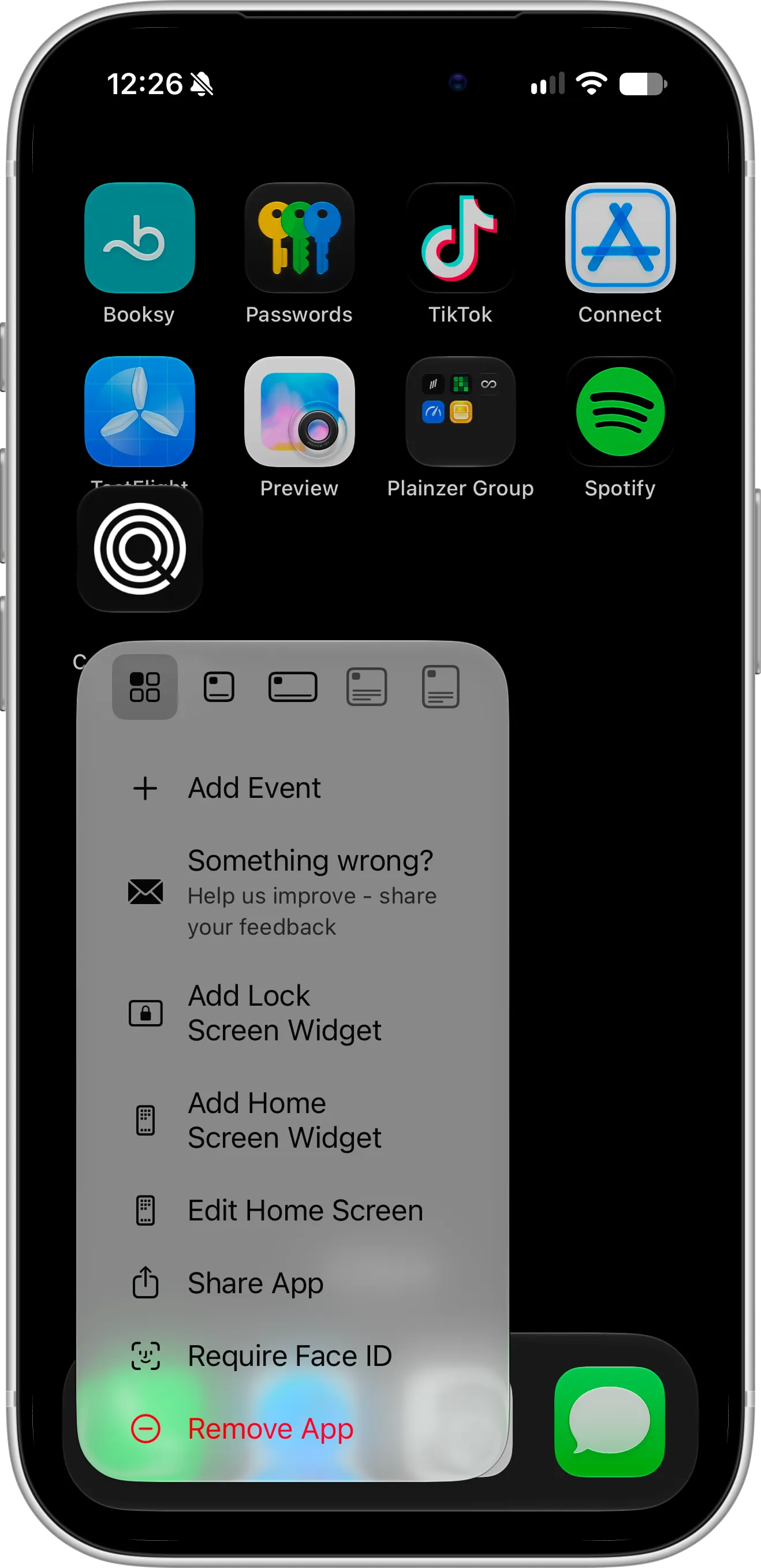 Countdown X app icon quick actions on the iPhone Home Screen, showing Add Event, Something wrong?, Add Lock Screen Widget and Add Home Screen Widget