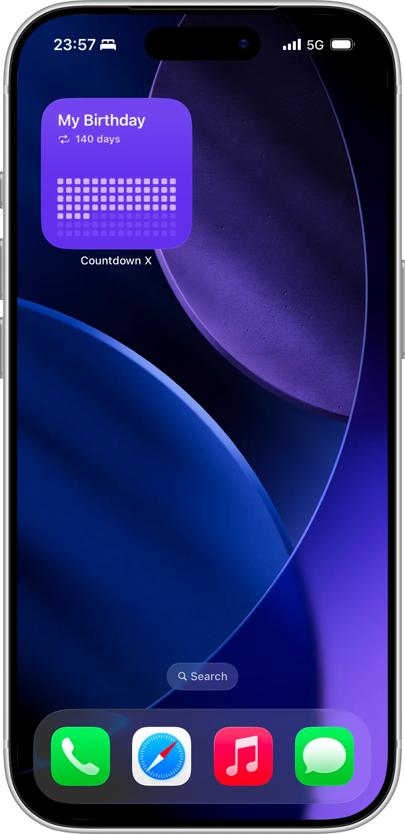 Birthday countdown Home Screen widget on iPhone displaying days remaining and progress toward upcoming birthday