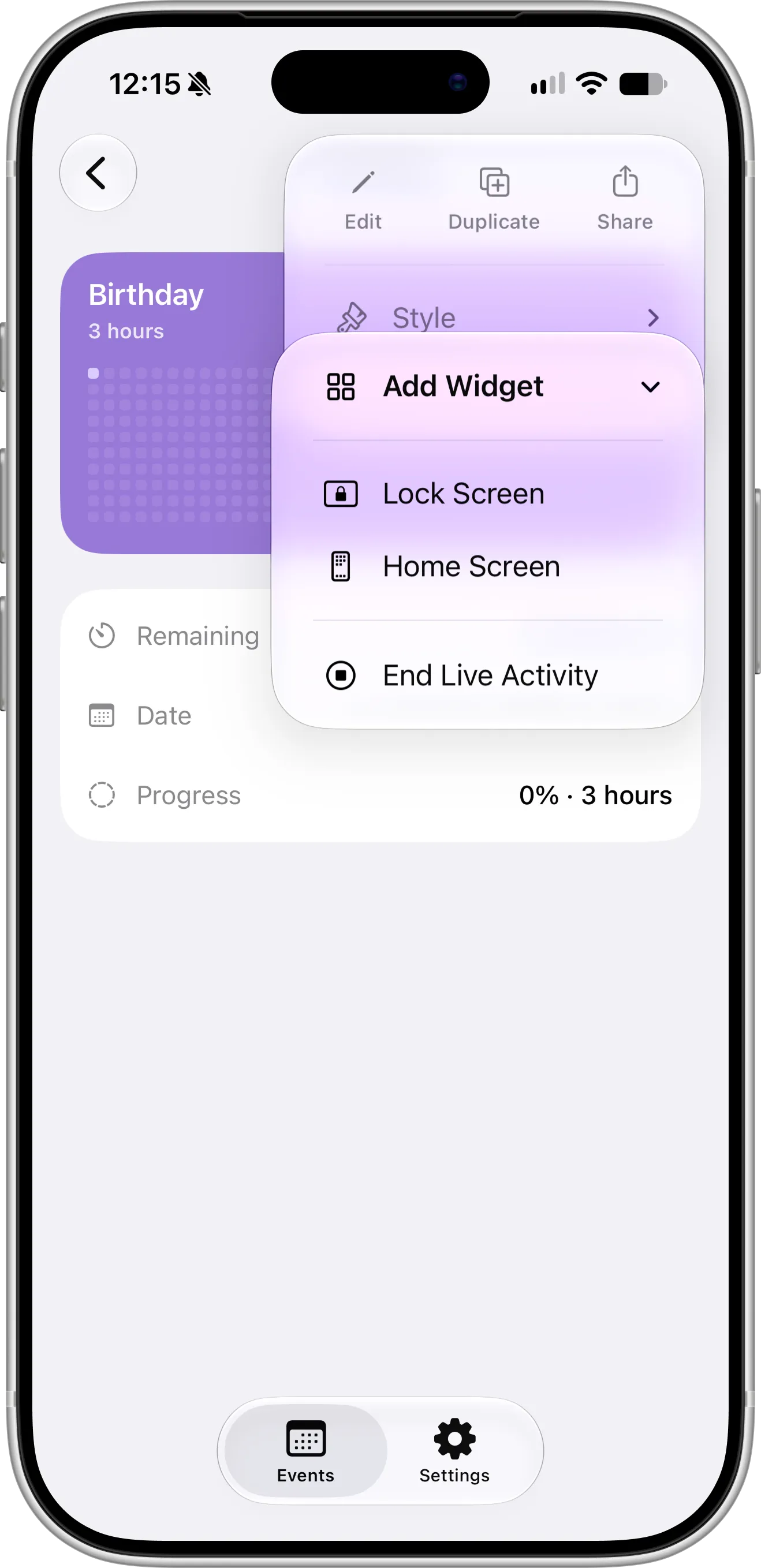 Countdown X event menu on iPhone for a Birthday event, with Add Widget expanded to show Lock Screen, Home Screen and End Live Activity
