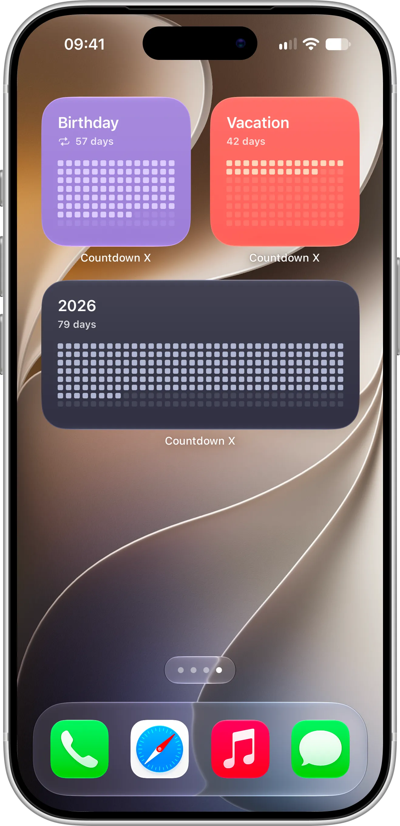 Countdown X events screen on iPhone with four countdowns, each shown as a dot grid with days left or a percentage