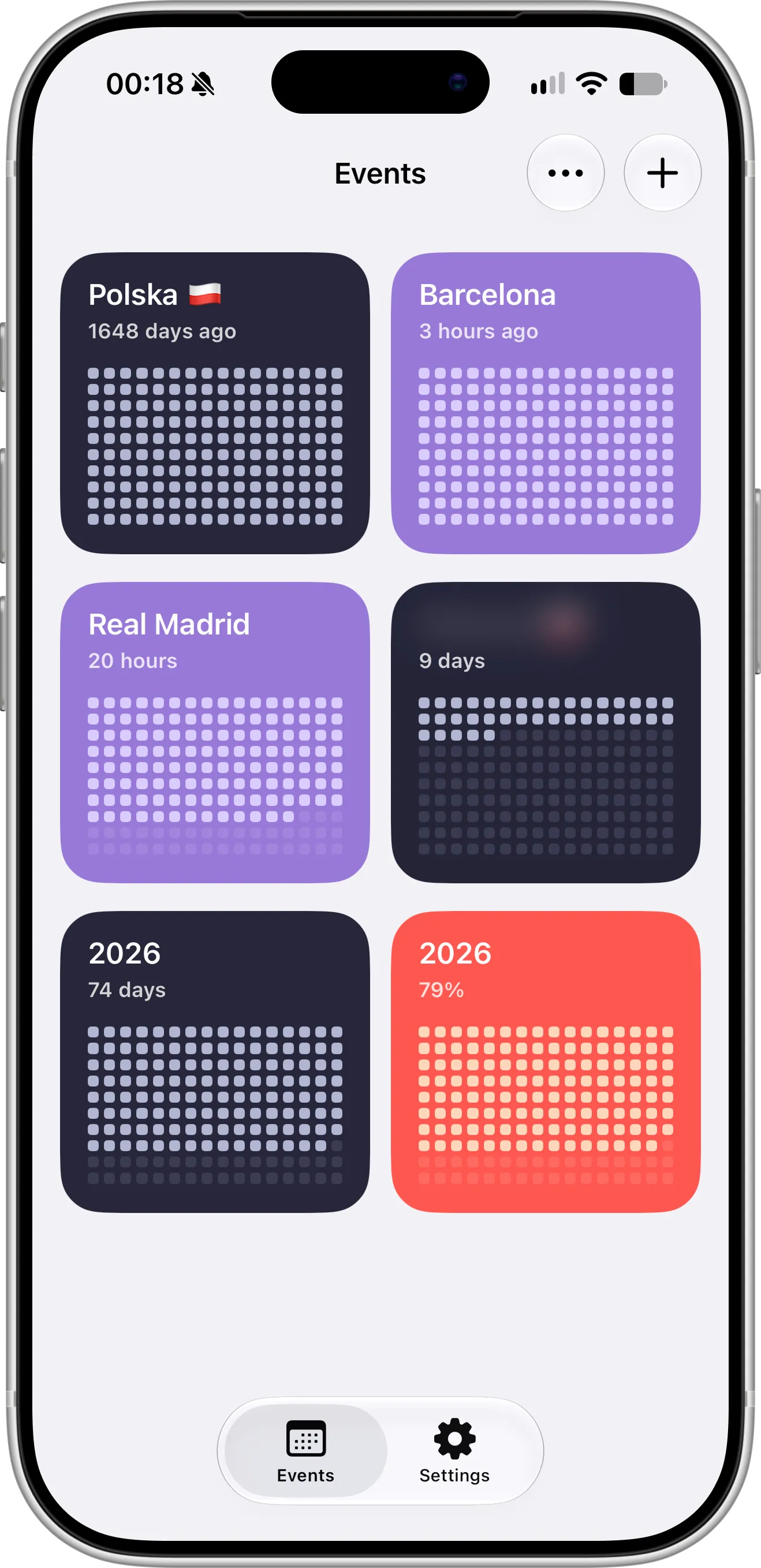 Countdown X Events screen on iPhone with dot grid countdowns for past and upcoming events, one with a blurred title, and 2026 shown as days left and as a percentage