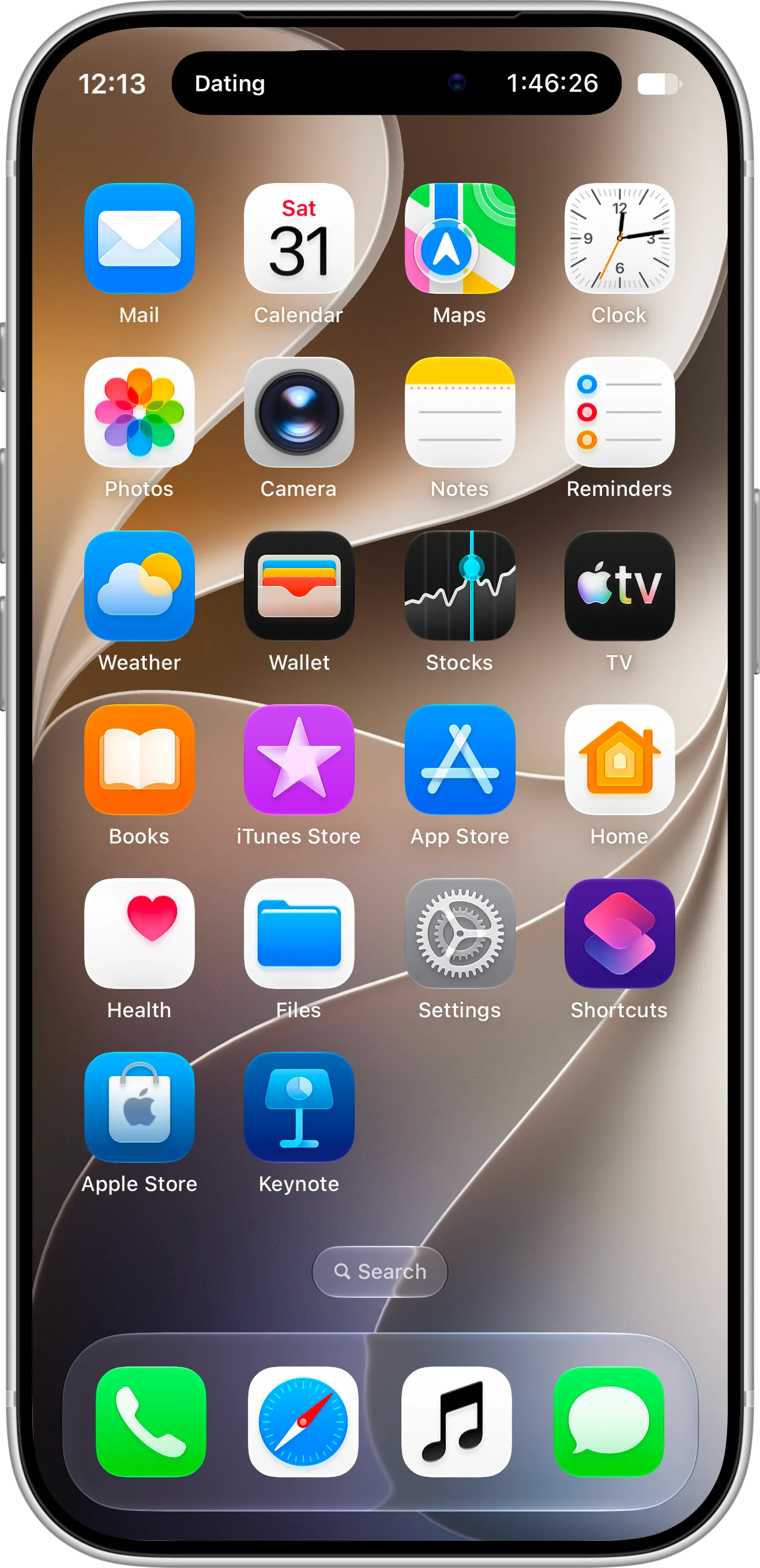 Countdown X Live Countdown in the Dynamic Island on an iPhone Home Screen, showing a Dating event with 1:46:26 left
