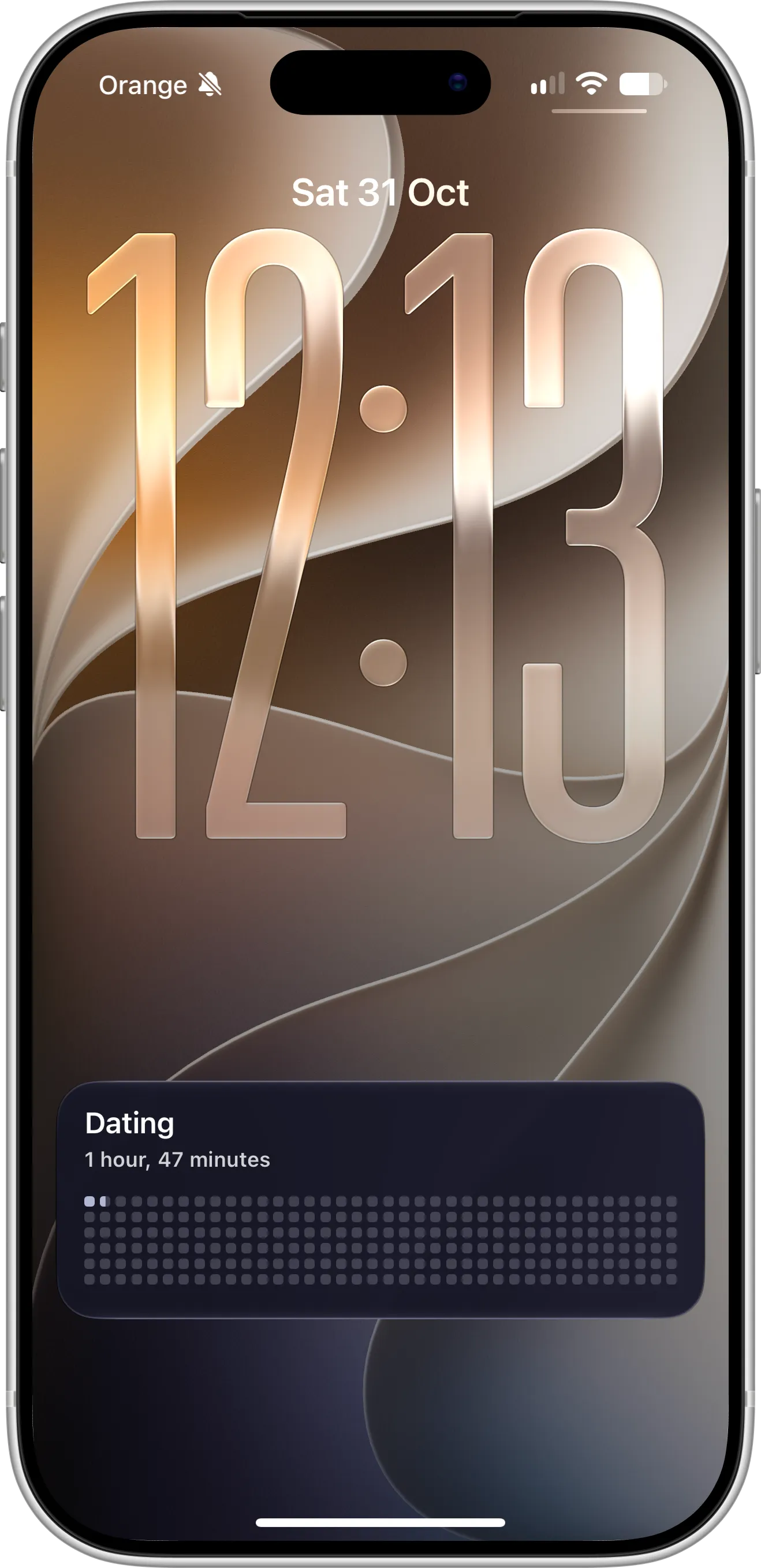 Countdown X Live Countdown on the iPhone Lock Screen on Saturday, October 31, showing a Dating event with 1 hour, 47 minutes left and a dot grid