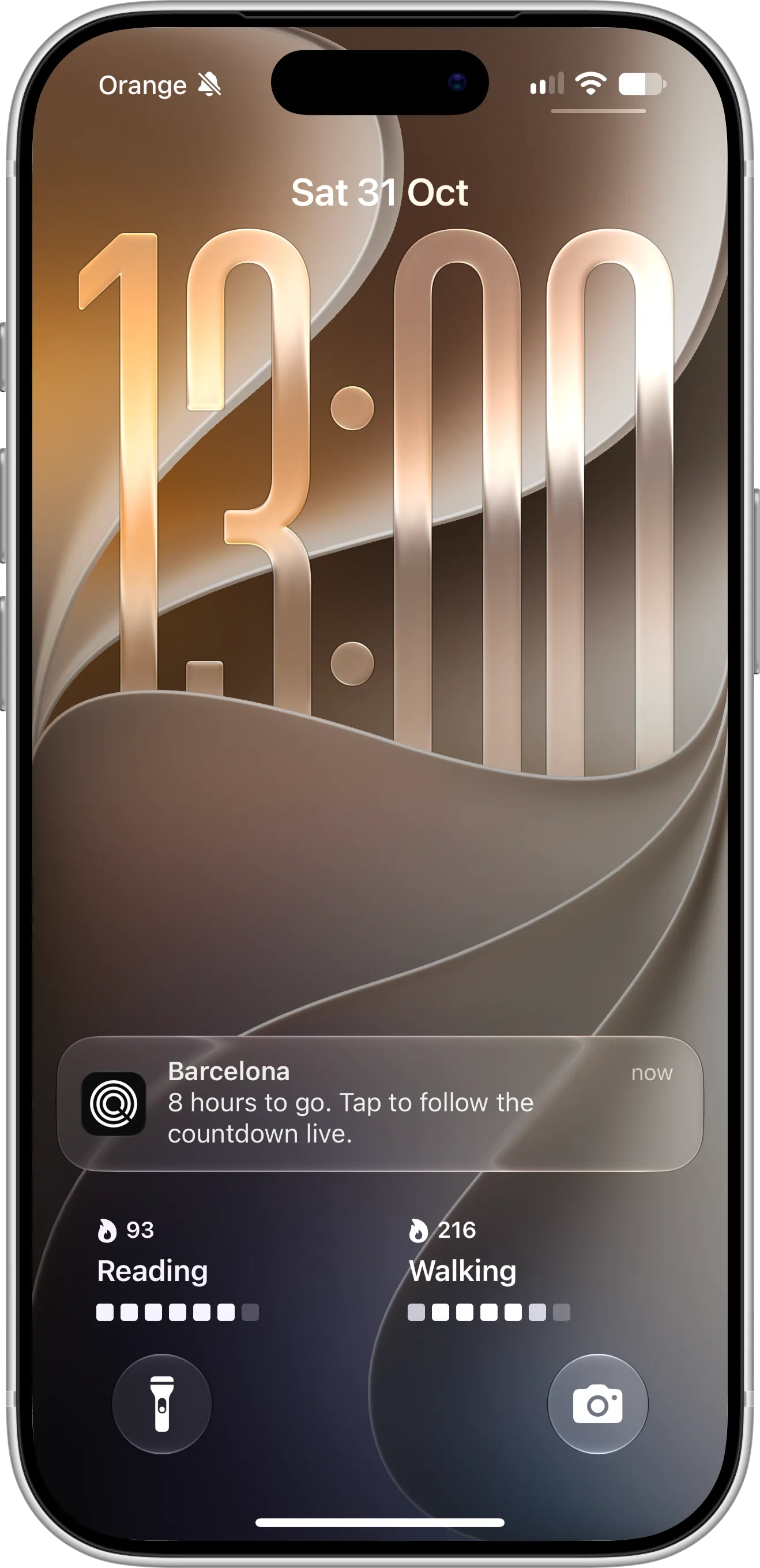 Countdown X notification on the iPhone Lock Screen at 1:00 PM on Saturday, October 31, reading Barcelona, 8 hours to go. Tap to follow the countdown live.