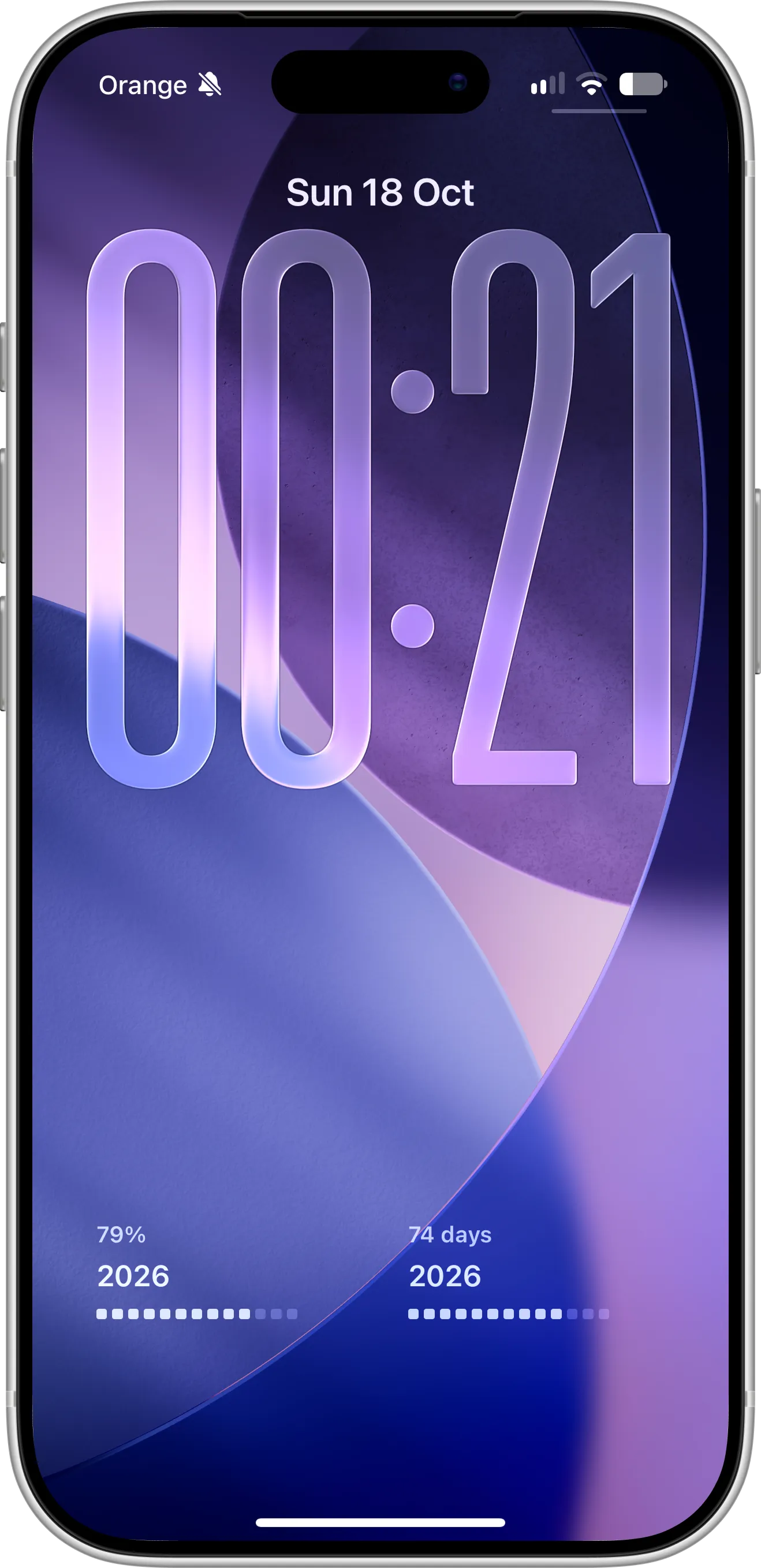Two rectangular Countdown X Lock Screen widgets on iPhone showing 2026 progress as 79% complete and as 74 days left, each with a progress bar
