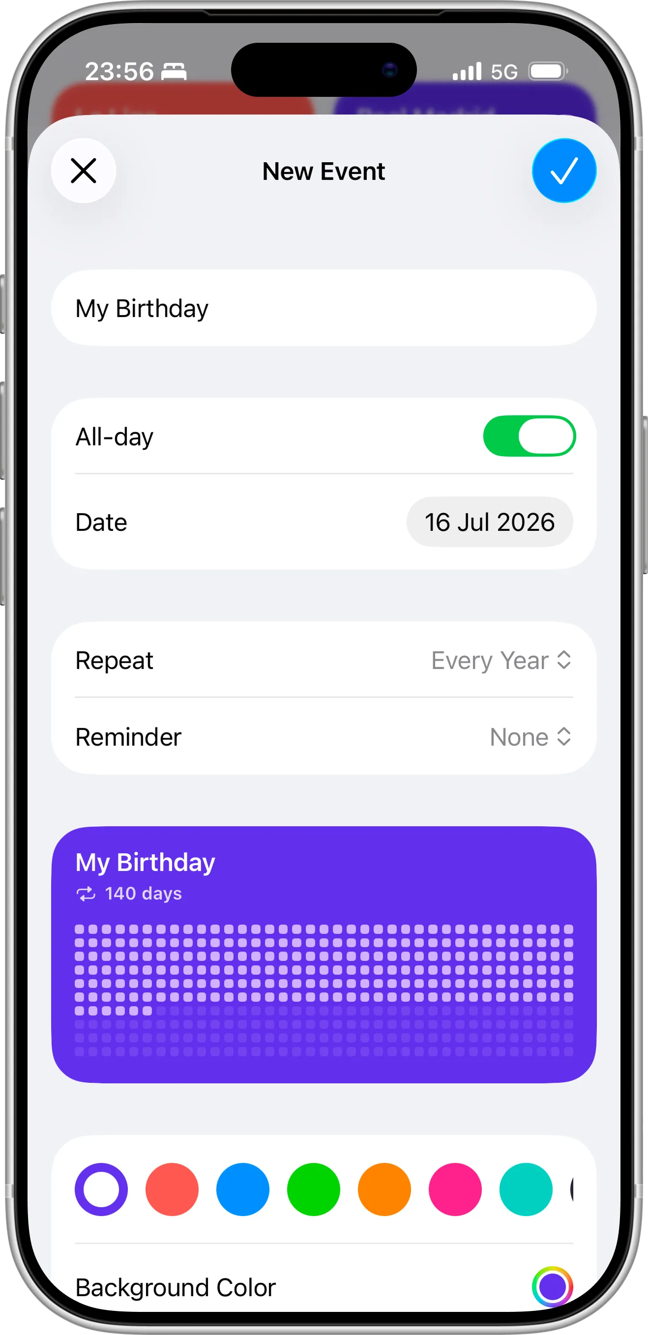 Birthday countdown creation screen in Countdown X app showing event name, date selection, and yearly repeat option on iPhone