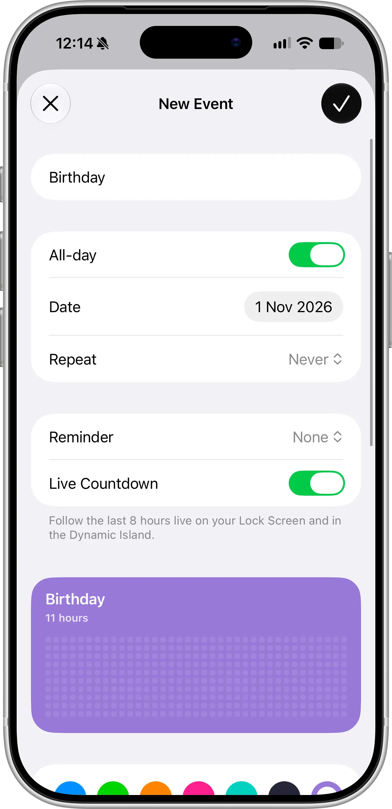 Countdown X New Event screen on iPhone with a Birthday event on November 1, 2026, set to all-day, and the Live Countdown toggle turned on