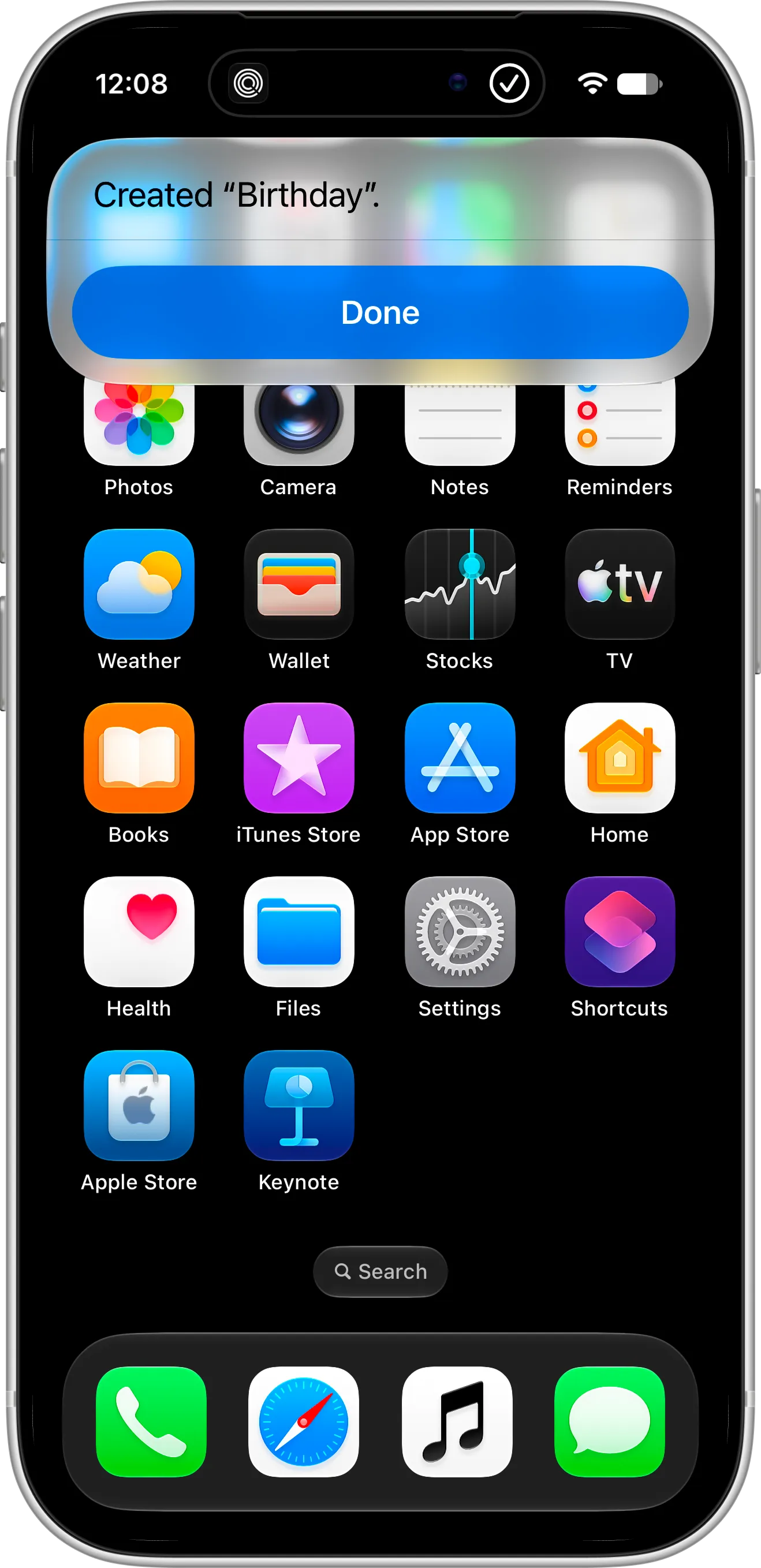 Countdown X shortcut confirmation on an iPhone Home Screen reading Created “Birthday” with a Done button
