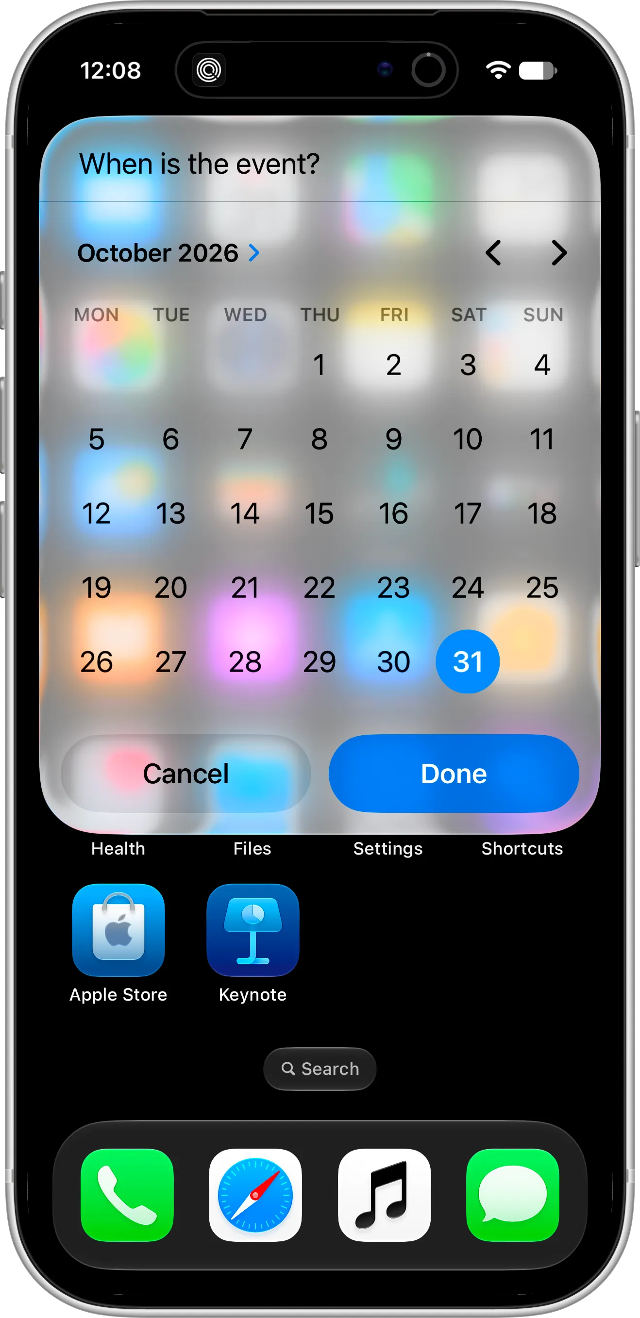 Countdown X shortcut on an iPhone Home Screen asking “When is the event?” with an October 2026 calendar and October 31 selected