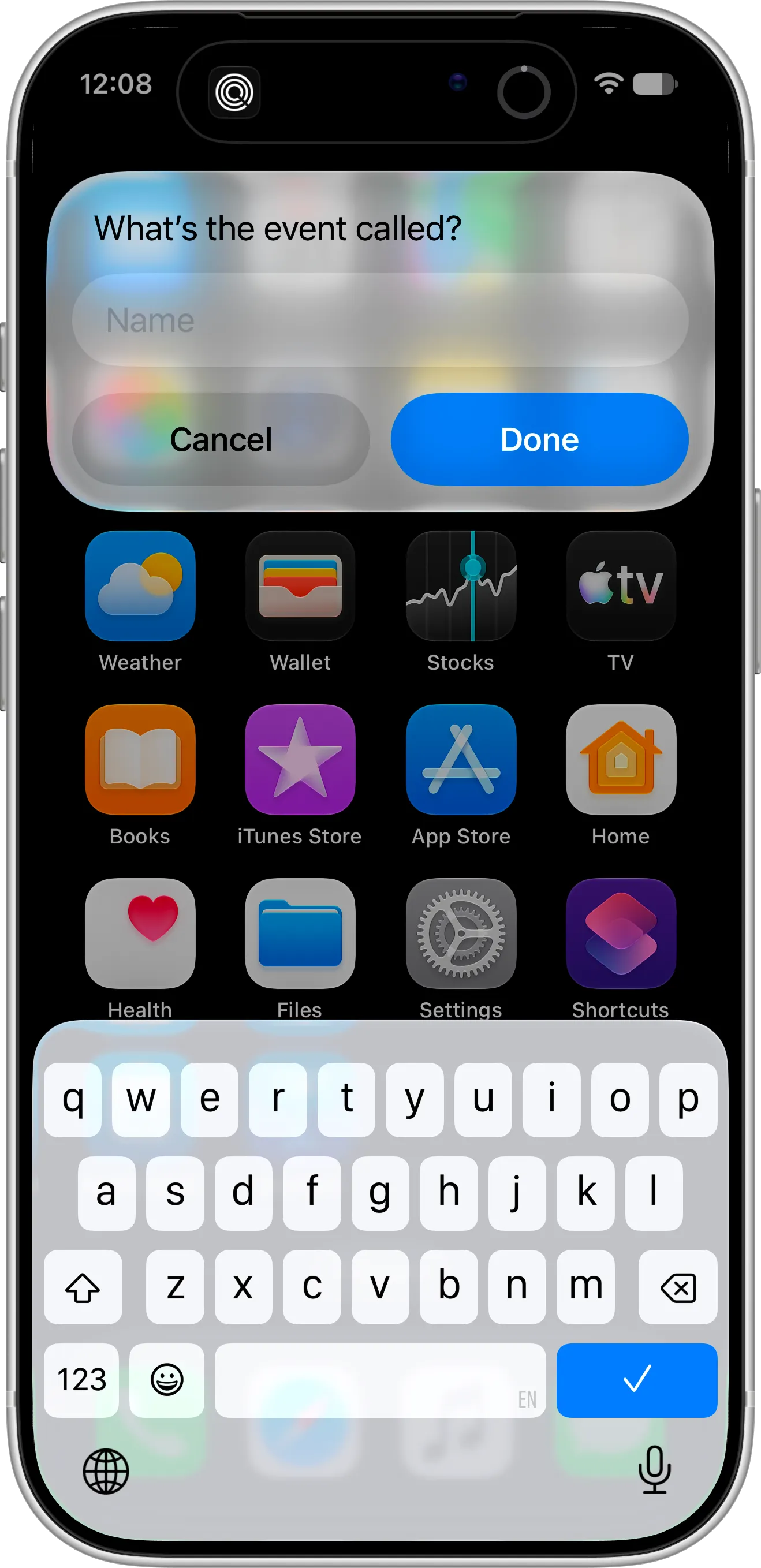 Countdown X shortcut on an iPhone Home Screen asking “What’s the event called?” with an empty Name field and Cancel and Done buttons