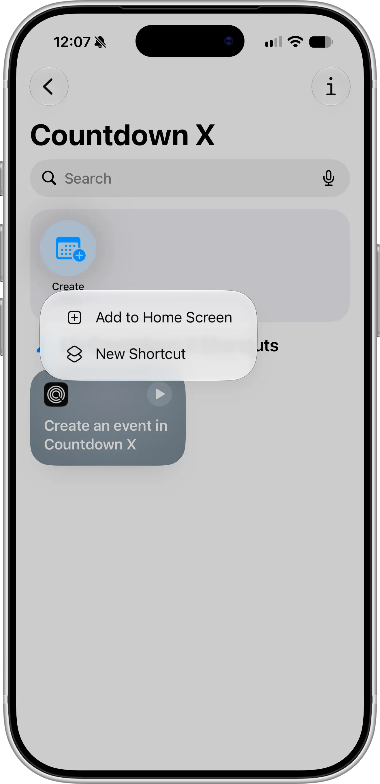 Countdown X page in the iPhone Shortcuts app with the Create action open in a menu showing Add to Home Screen and New Shortcut, above the “Create an event in Countdown X” shortcut