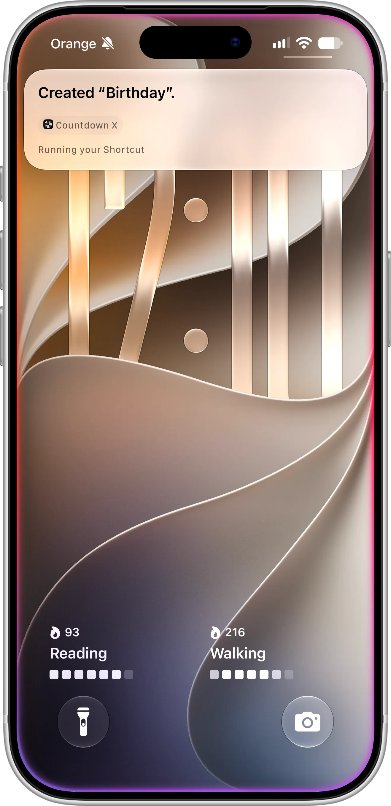 Countdown X Siri confirmation on the iPhone Lock Screen reading Created “Birthday”, with the Countdown X app name below it