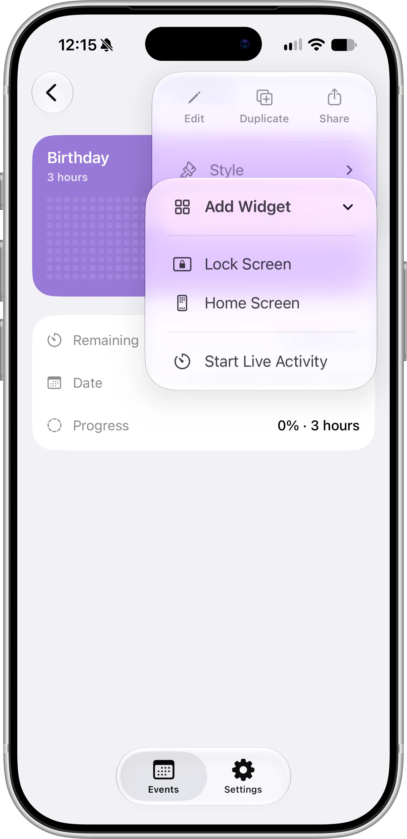 Countdown X event menu on iPhone for a Birthday event 3 hours away, with Add Widget expanded to show Lock Screen, Home Screen and Start Live Activity