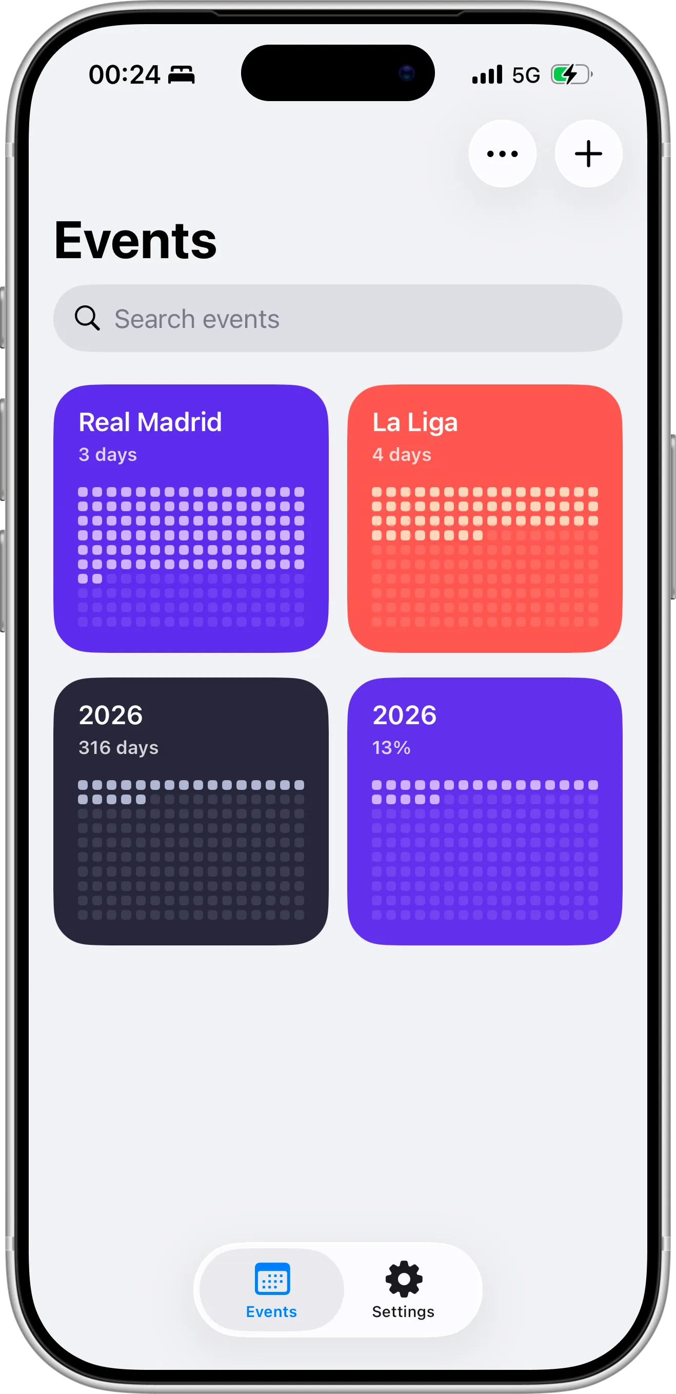 Countdown X app dashboard showing multiple countdown events including a year progress countdown for 2026