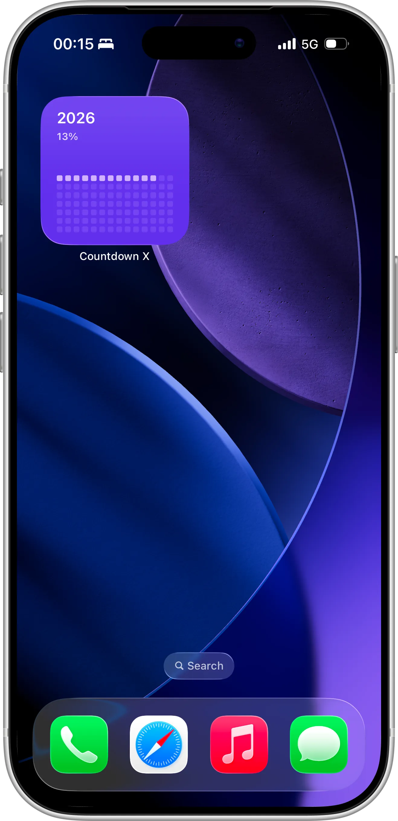 iPhone Home Screen displaying year progress widget from Countdown X showing percentage of 2026 passed and remaining