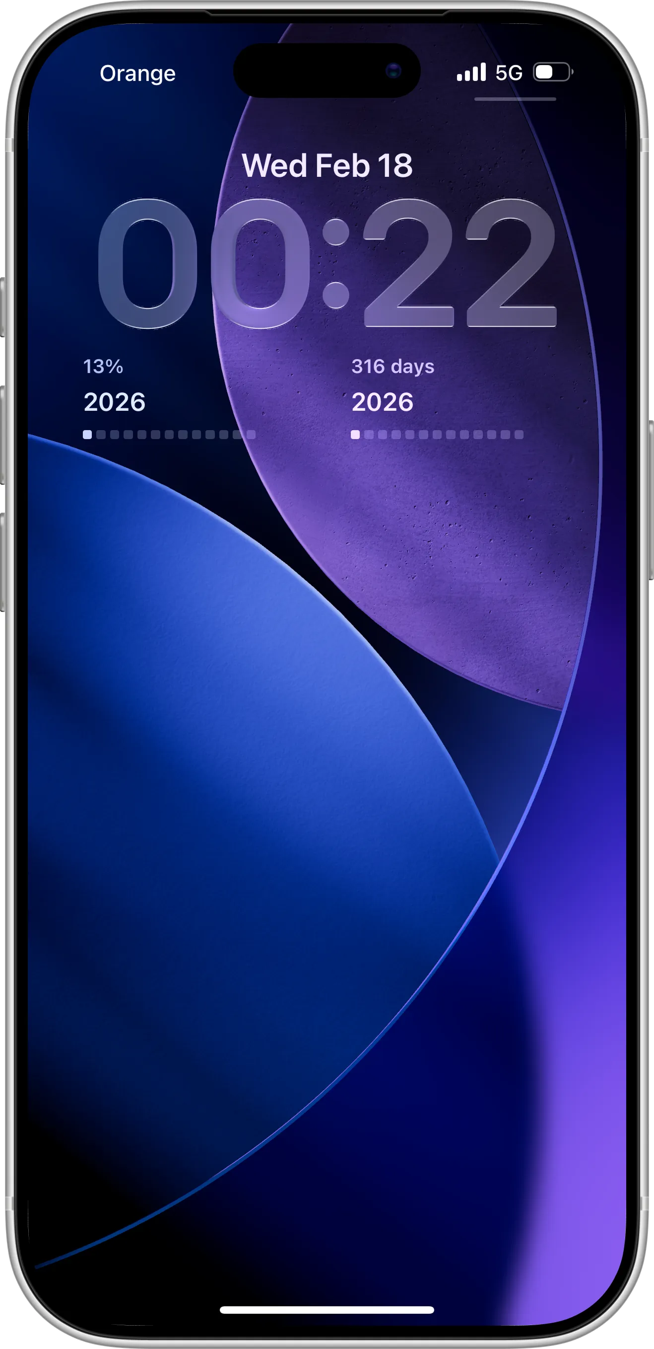 iPhone Lock Screen with Countdown X year progress widget showing percentage of 2026 passed and days remaining