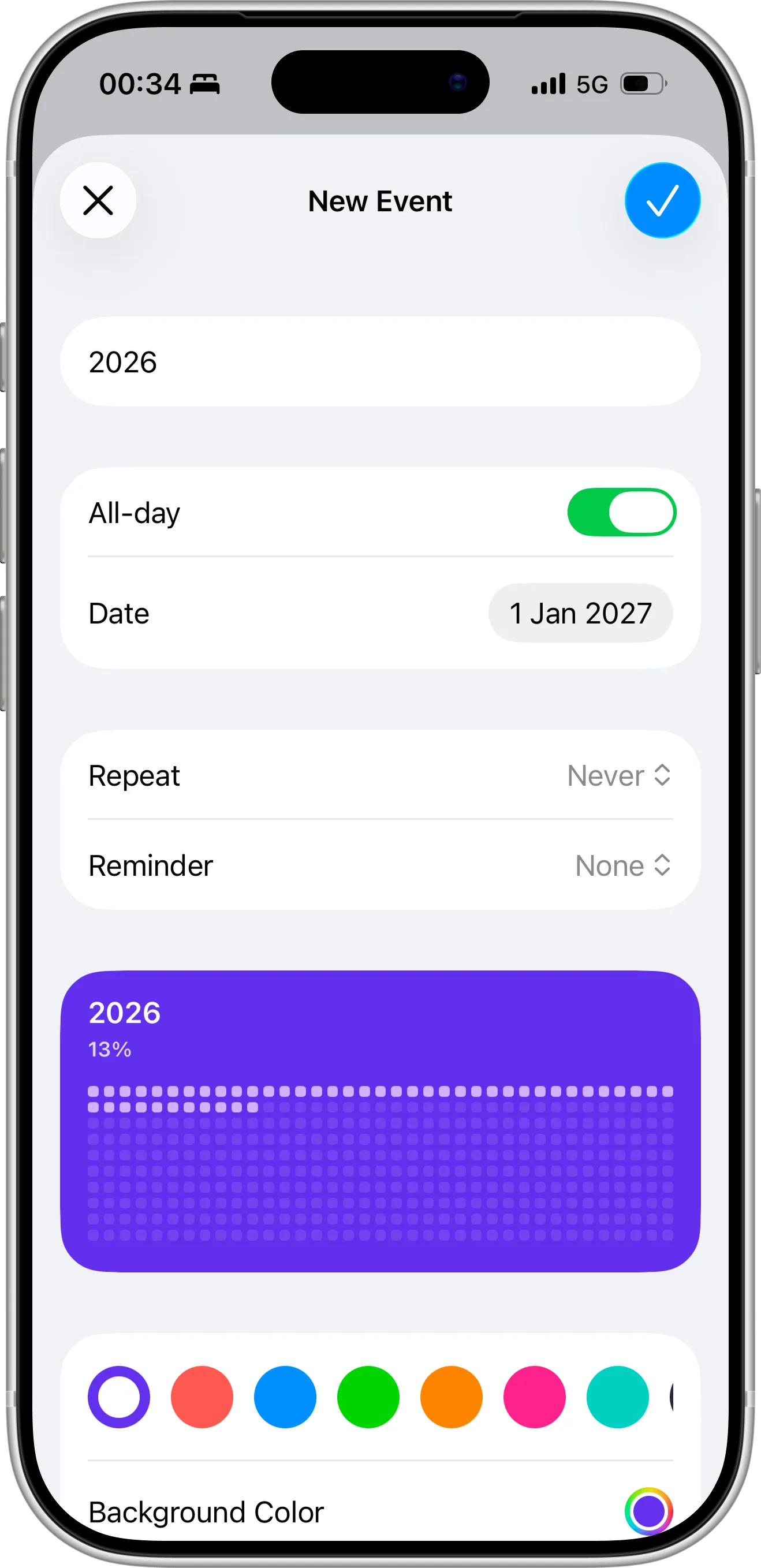 Countdown X app screenshot showing creation of a 2026 year progress countdown with title, target date, and color theme selection