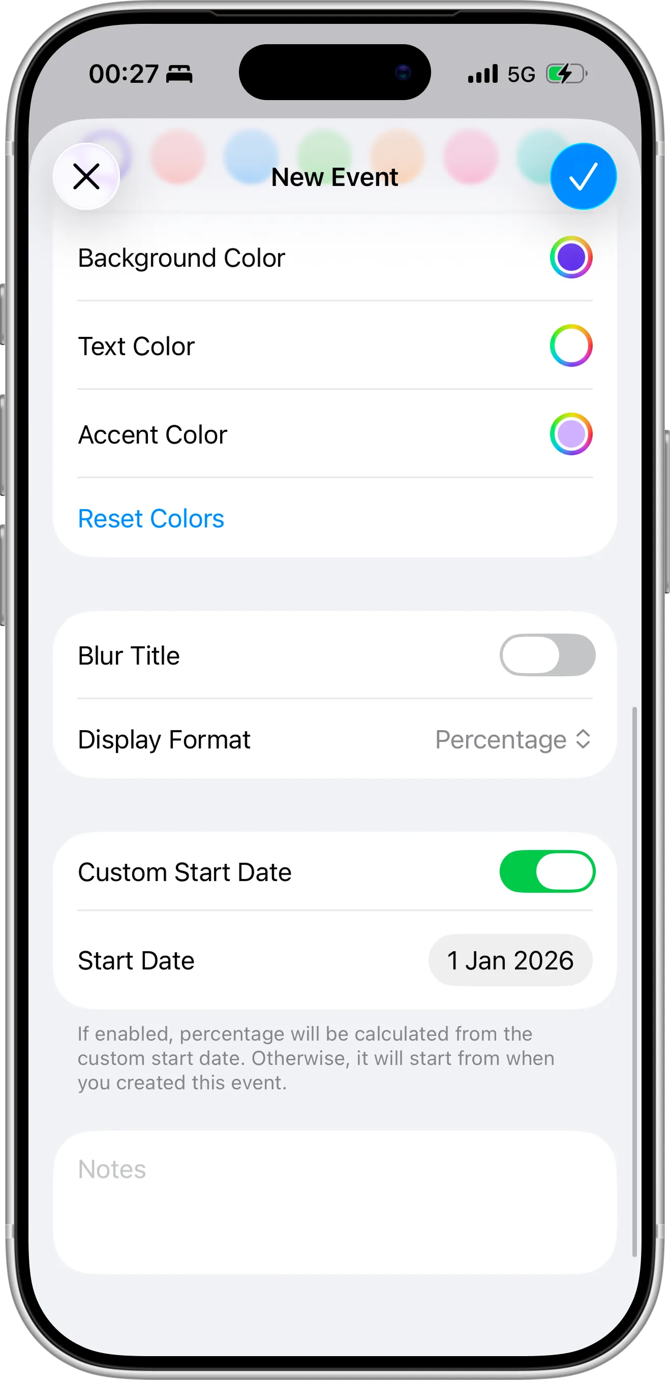 Countdown X app screenshot showing percentage display format selected, custom start date set to January 1, and countdown ready to save