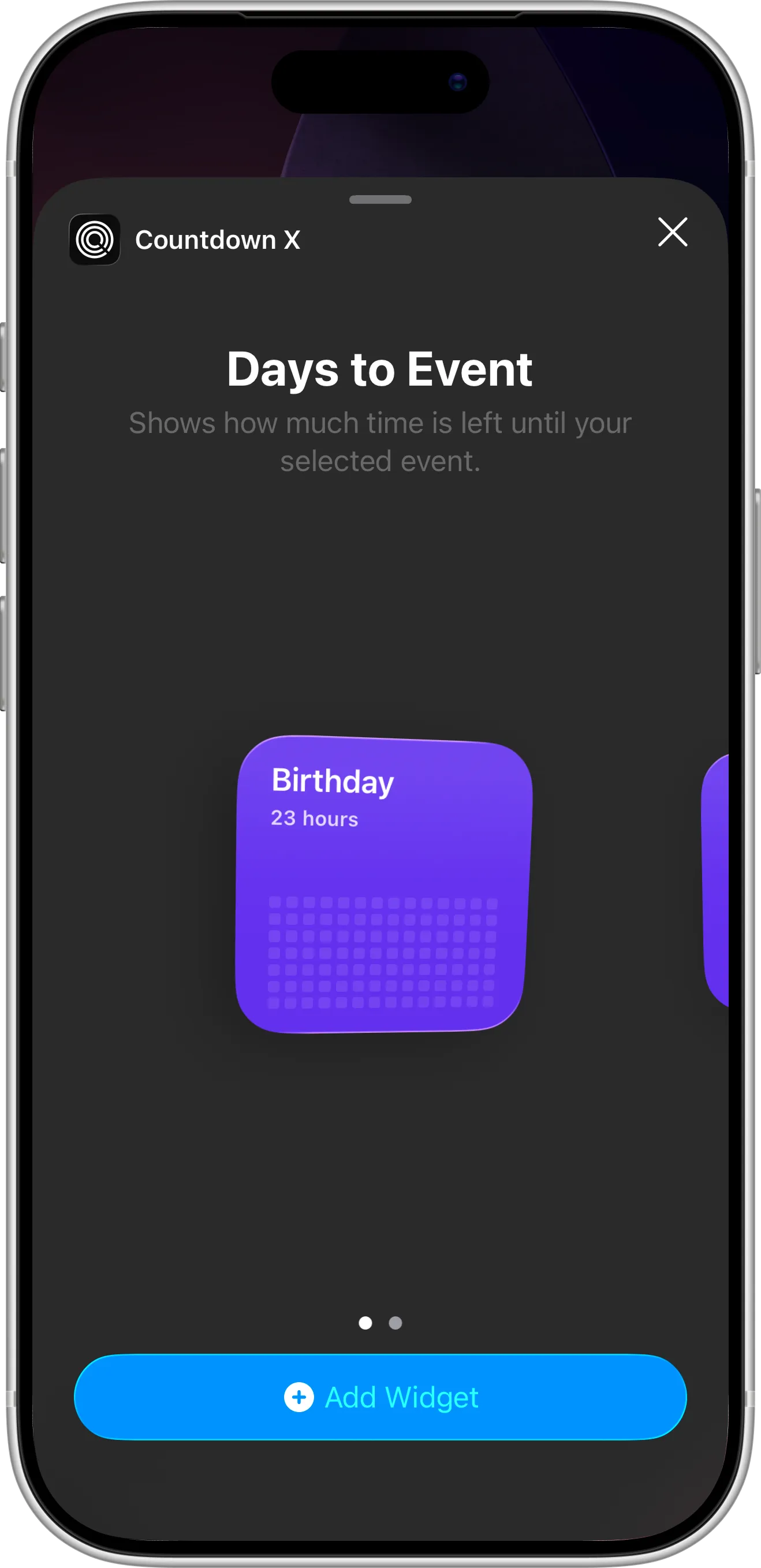 Home Screen widget configuration in a Countdown X app showing event selection