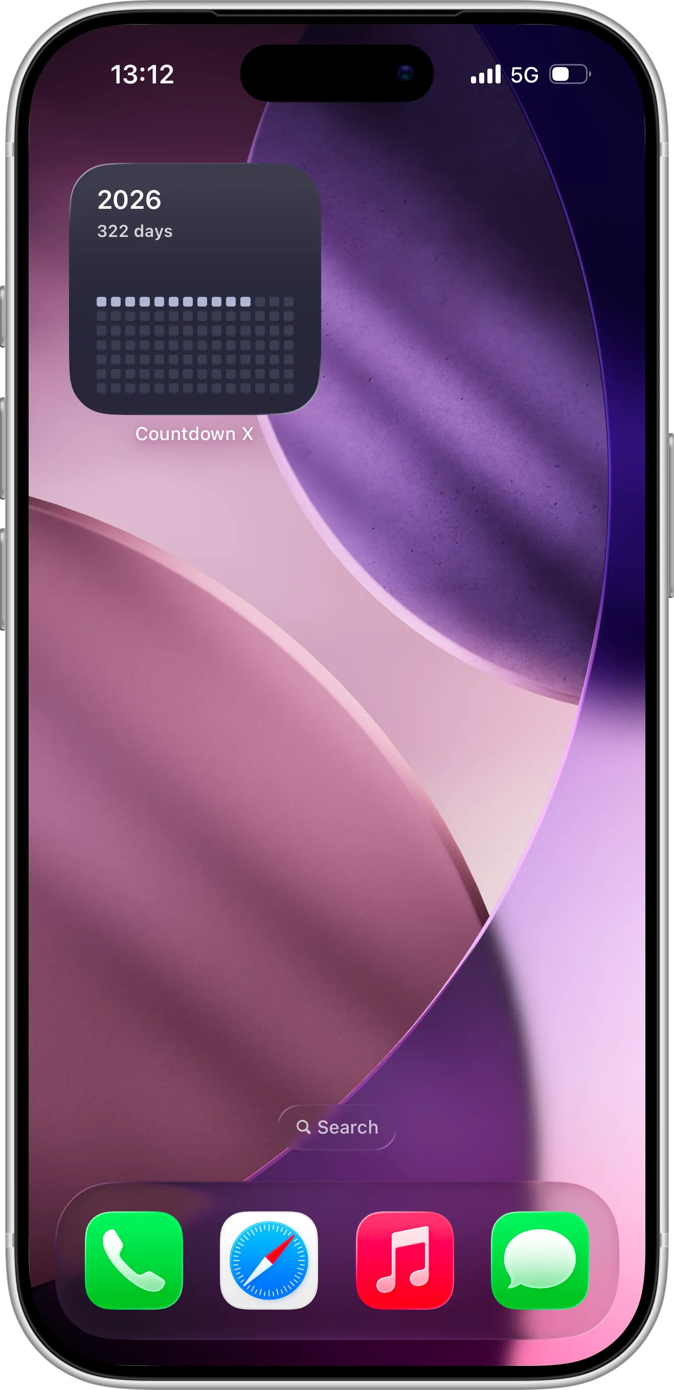 Configured Home Screen widget displaying days to event in a Countdown X app