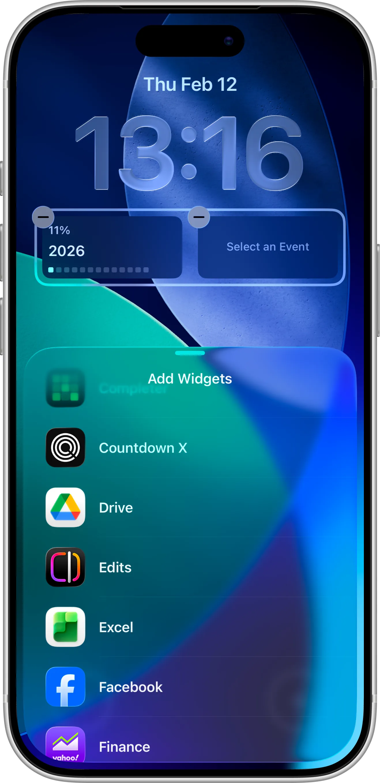 Lock Screen widget configuration in a Countdown X app showing event selection