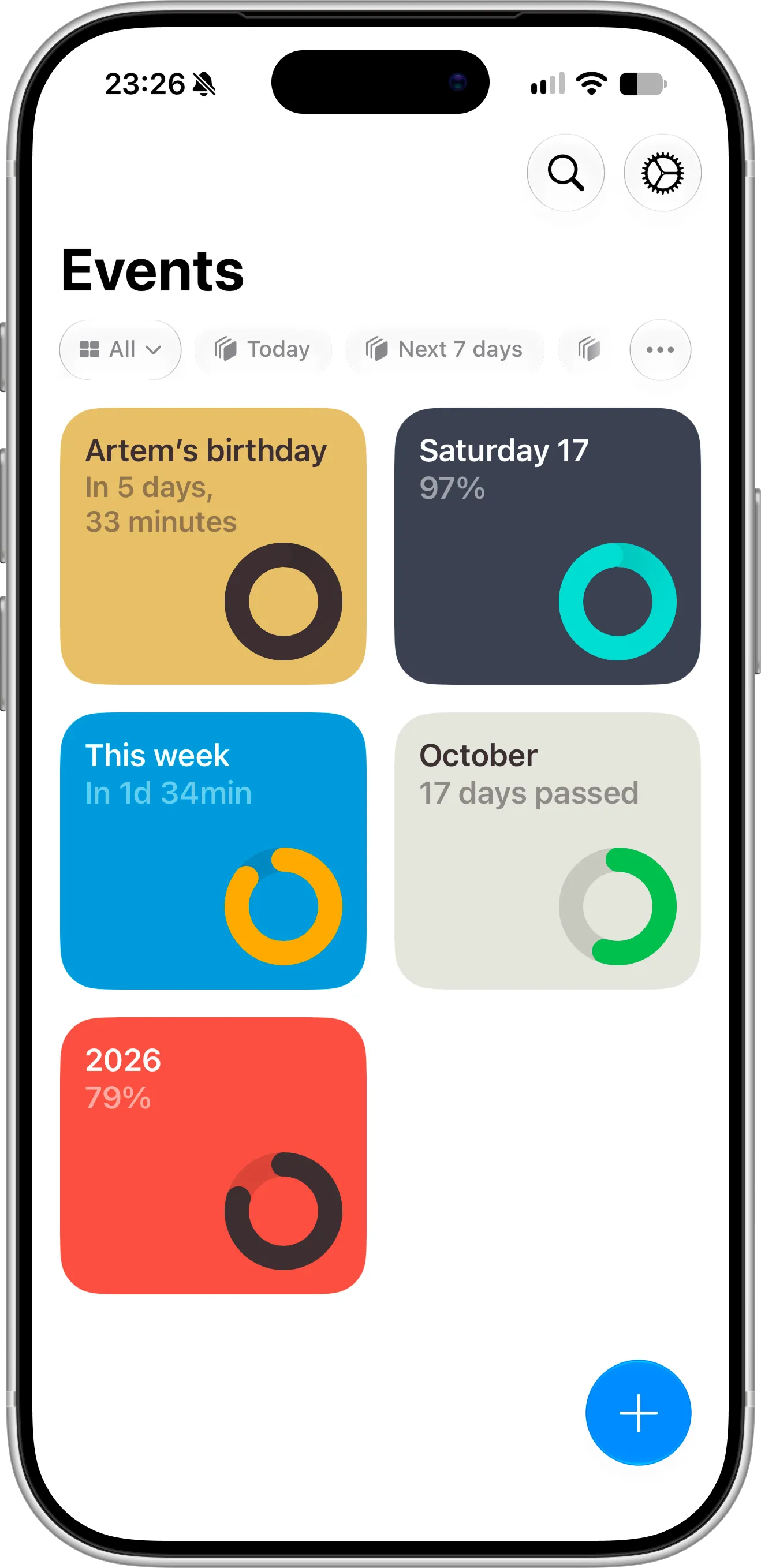 Pretty Progress countdown app on iPhone showing the Events screen with progress rings for a birthday, Saturday, this week, October and 2026